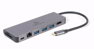 Gembird A-CM-COMBO5-05 USB Type-C 5-in-1 daudzportu adapteris (sadalītājs + HDMI + PD + karšu lasītājs + LAN)