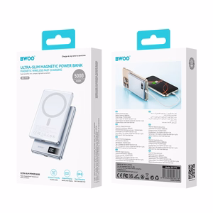 BWOO aluminium magnetic portatīvais lādētājs P75 PD 20W 5000 mAh with digital display and USB-C port sudraba