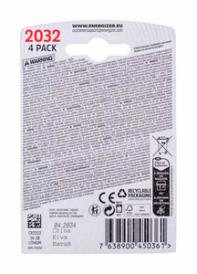 ENERGIZER speciālā baterija CR2032, 4 gab., 3V, ECO