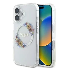 Guess IML Ziedu vainags Magnētiskais viedtālruņa apvalks iPhone 16 Plus - caurspīdīgs