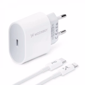 Lādētājs Wozinsky Quick Charge, balts PD 20W + Type-C / Lightning balts kabelis 100cm