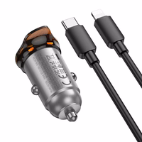 Automobiļa lādētājs Hoco 2 x USB C QC PD 45W + kabelis USB C uz Lightning NZ16B metāla pelēks