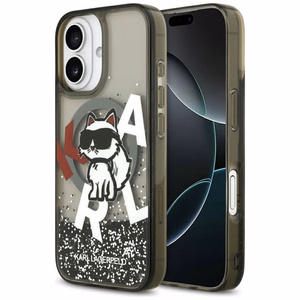 Karl Lagerfeld Šķidrs mirdzošs Choupette logotips Magnētiskais viedtālruņa apvalks iPhone 17 - melns