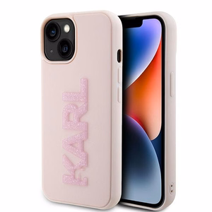Karl Lagerfeld 3D gumijas spīdīgs logotips viedtālruņa apvalks iPhone 15 Plus - rozā
