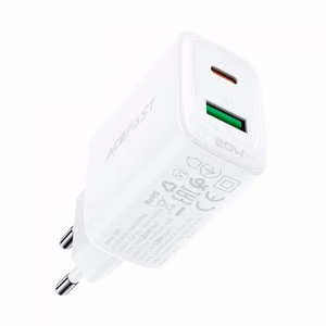Acefast сетевое зарядное устройство USB Type C / USB 20W, PPS, PD, QC 3.0, AFC, FCP белое (A25 white)