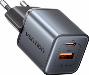 Vention 30W lādētājs ar GaN tehnoloģiju, 1× USB-A, 1× USB-C, melns
