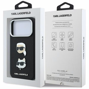 Karl Lagerfeld Saffiano Karl & Choupette Heads Pins & Logo vāciņš modelim iPhone 18 Pro / 17 Pro – melns