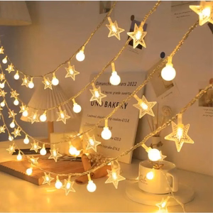 LED virtene 1,5M (10 LED spuldzītes) USB balkonam, zvaigznes + bumbiņas, silti balta