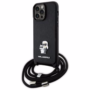 Karl Lagerfeld KLHCP14XSAKCPSK apvalks iPhone 14 Pro Max 6.7" cietais apvalks - melns krustenisks Saffiano metāla piespraude Karl&Choupette