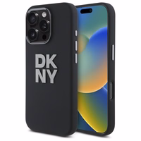 DKNY šķidrā silikona viedtālruņa apvalks ar metāla logotipu iPhone 16 Pro - melns
