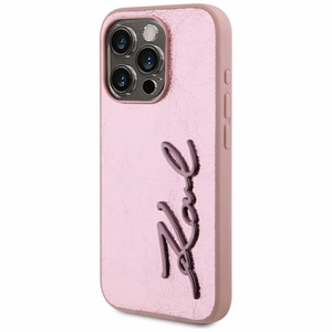 Karl Lagerfeld Wrinkled Metal Signature viedtālruņa apvalks iPhone 15 Pro - rozā