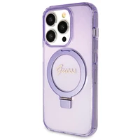 Guess Magnētiskā viedtālruņa apvalks ar gredzena statīvu Script Glitter MagSafe iPhone 13 Pro Max - violeta