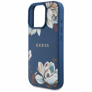 Guess Grained Printed Flower Pattern MagSafe viedtālruņa apvalks iPhone 16 Pro zils