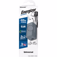 Energizer Ultimate - Multiplug EU / UK / US GaN USB-C & USB-A 65W PD mains lādētājs (sudrabs)