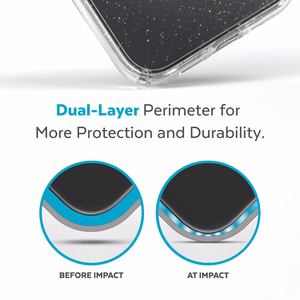 Speck Presidio Perfect-Clear with Glitter + MagSafe vāciņš ierīcei iPhone 15 Plus / 14 Plus, ar Microban pretmikrobu aizsardzību, “Clear / Gold Glitter” krāsu kombinācija
