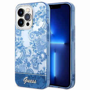 Guess GUHCP14LHGPLHB iPhone 14 Pro 6.1 zils / zils kietais viedtālruņa apvalks Porcelain Collection