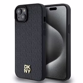 DKNY Ādas raksts metāla logotips Magnētiskais viedtālruņa apvalks iPhone 15 / 14 / 13 - melna