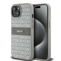 DKNY Ādas mono svītra un metāla logotips viedtālruņa apvalks iPhone 15 Plus / 14 Plus - bēšs