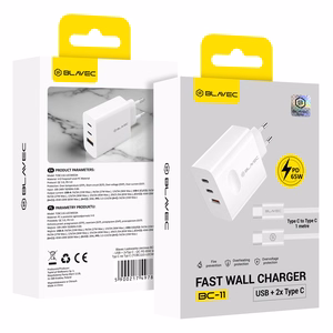 Blavec sienas lādētājs BC-11 GaN - USB + 2xType C - QC PD 65W 3A ar Type C uz Type C kabeli (TCBC11G-U2CW653A) balts