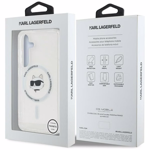 Viedtālruņa apvalks Karl Lagerfeld Poga Choupette Galva Drukāts Logotips Magnētiskais Samsung Galaxy S25 balta