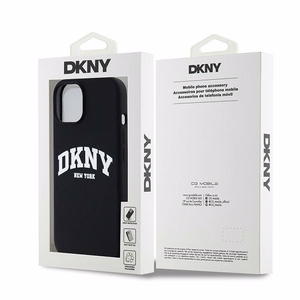 DKNY apvalks no šķidrā silikona MagSafe viedtālrunim iPhone 15 Plus / 14 Plus ar balto logotipu - melns (m)