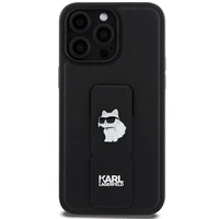 Karl Lagerfeld Gripstand Saffiano Choupette Pins viedtālruņa apvalks iPhone 13 Pro Max - melns