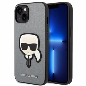 Karl Lagerfeld Saffiano Karl's Head Patch viedtālruņa apvalks iPhone 14 Plus - sudraba