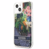 Guess GUHCP13SLFLSB iPhone 13 mini 5.4" zils cietais apvalks ziedu šķidrs spīdums