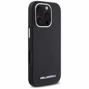 Karl Lagerfeld Saffiano Full Wrapped Elongated Metal Logo MagSafe iPhone 16 Pro Case - Black
