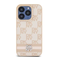 DKNY Ādas rūtainais mono raksts un drukātās svītras viedtālruņa apvalks iPhone 15 Pro Max - rozā