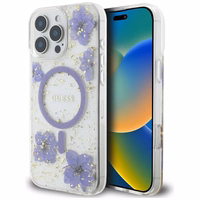 Guess Viedtālruņa apvalks ar sveķu ziediem Magnētiskais iPhone 16 Pro - violeta