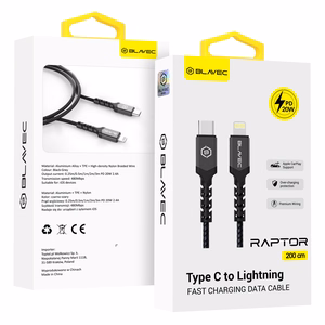 Blavec kabelis Raptor pīts - Type C uz Lightning - PD 20W 2,4A 2 metri Apple CarPlay (CRA-CL24BG20) melns un pelēks