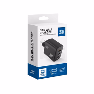 BLUE STAR ceļojumu lādētājs GaN 4A 65W 2 x Type C + USB A PD QC4.0 VT-43 melns