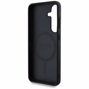 Guess ādas 4G ziedu raksta metāla klasiskais logotips magnētiskais viedtālruņa apvalks Samsung Galaxy S25 - melns