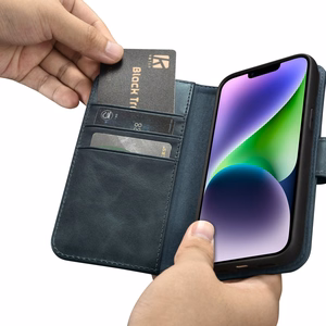 iCarer Eļļas Vaska Maki Apvalks 2in1 Vāks iPhone 14 Plus Anti-RFID Ādas Atverams Apvalks Zils (WMI14220723-BU)