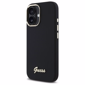 Guess silikona vāciņš ar metāla logotipu un metāla rāmi iPhone 16 Plus - melns