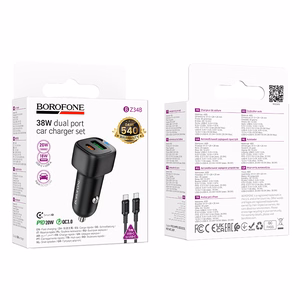 Borofone Car charger BZ34B Cloud - USB + Type C - QC 3.0 PD 38W with Type C to Type C cable black