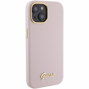 Guess Silikona Script Metal Logo & Frame Viedtālruņa apvalks iPhone 15 - rozā