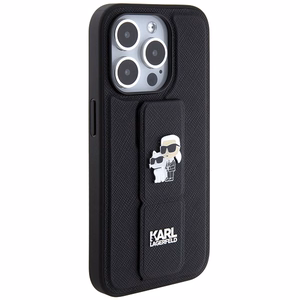 Karl Lagerfeld Gripstand Saffiano Karl&Choupette Pins viedtālruņa apvalks iPhone 13 Pro / 13 - melns