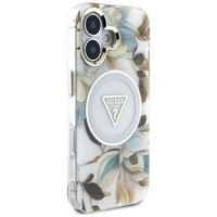 Guess Glitter Flowers Triangle Buttons Magnētiskais viedtālruņa apvalks iPhone 16 - balts