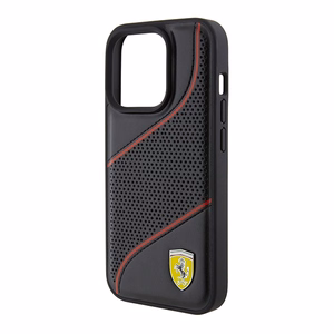 Ferrari Perforated Waves Metal Logo viedtālruņa apvalks iPhone 15 Pro - melns