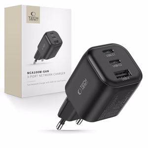 Tech-Protect NCA100W-GaN 3 pieslēgvietu 100 W PD 3.2/QC 3.0 tīkla barošanas adapteris – melns