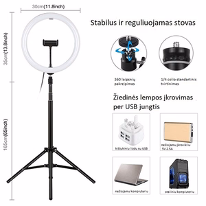 LED Ring Lamp 30cm ar Tripod Mount Up To 1.65m, phone clamp, USB