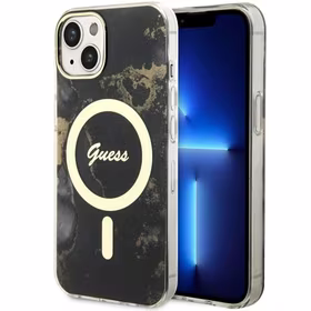 Guess GUHMP14SHTMRSK iPhone 14 6.1" melns/melns cietais apvalks Golden Marble Magnētiskais