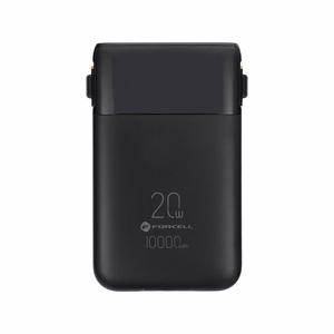 FORCELL F-ENERGY F10K6 Multicharge ārējais akumulators ar iebūvētiem USB-C un Lightning kabeļiem, PD, QC3.0, 3 A, 22,5 W, 10000 mAh, melns