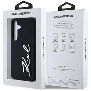 Karl Lagerfeld silikona metāla paraksta logotips Samsung Galaxy S25 viedtālruņa apvalks melns