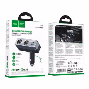 Car charger Hoco 1xUSB A + 1xUSB C+2x cigarette lighter ports PD QC3.0 max 240W/24V Z65B black