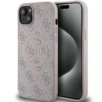 Guess 4G kolekcija ādas metāla logotips Magnētiskais apvalks iPhone 14/15/13 - rozā