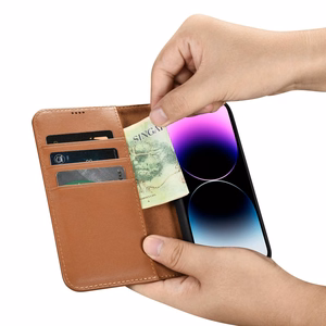 iCarer Maki apvalks 2in1 vāks iPhone 14 Pro Max ādas atverams vāks Anti-RFID brūns (WMI14220728-BN)