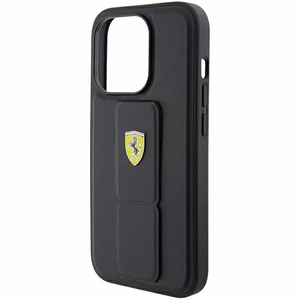 Ferrari Grip Stand Metal Logo apvalks iPhone 15 Pro – melns